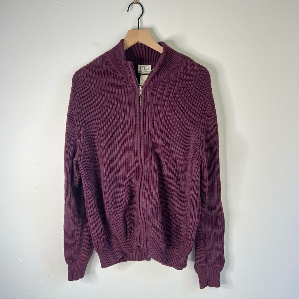 L.L. Bean Men's Burgundy Zip-Up Cable Knit Sweater Jacket Large Cotton